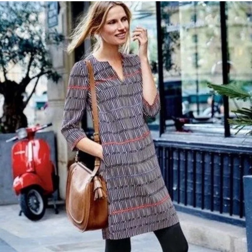 Boden navy blue geometric pattern notch neck tunic dress 2